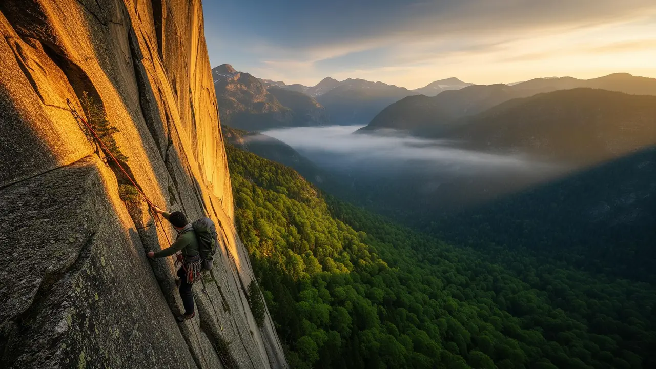Climber on mountain rock face at golden hour